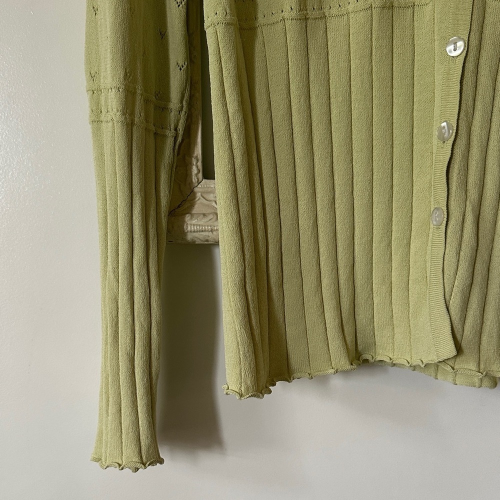 VITAE | Y2K Light Green Rib Knit Eyelet Button-Down Ruffled Cardigan - Picture 4 of 13